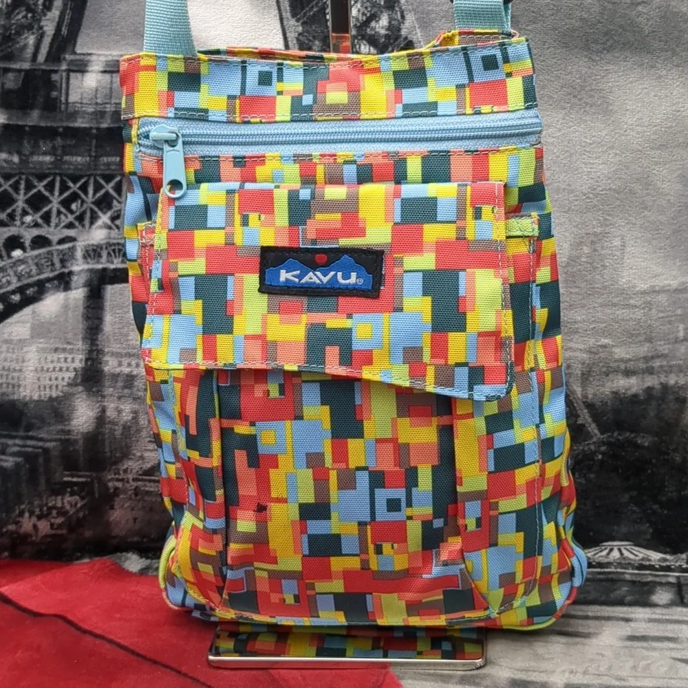 Kavu Keeper Crossbody Bag Geometric Teal Yellow Red